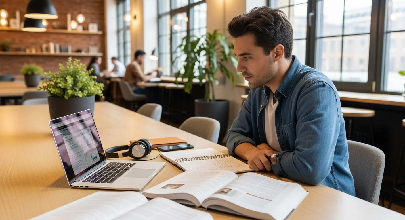 Adulte en formation à distance sur ordinateur portable dans un espace de coworking, formation GRETA ou CNED