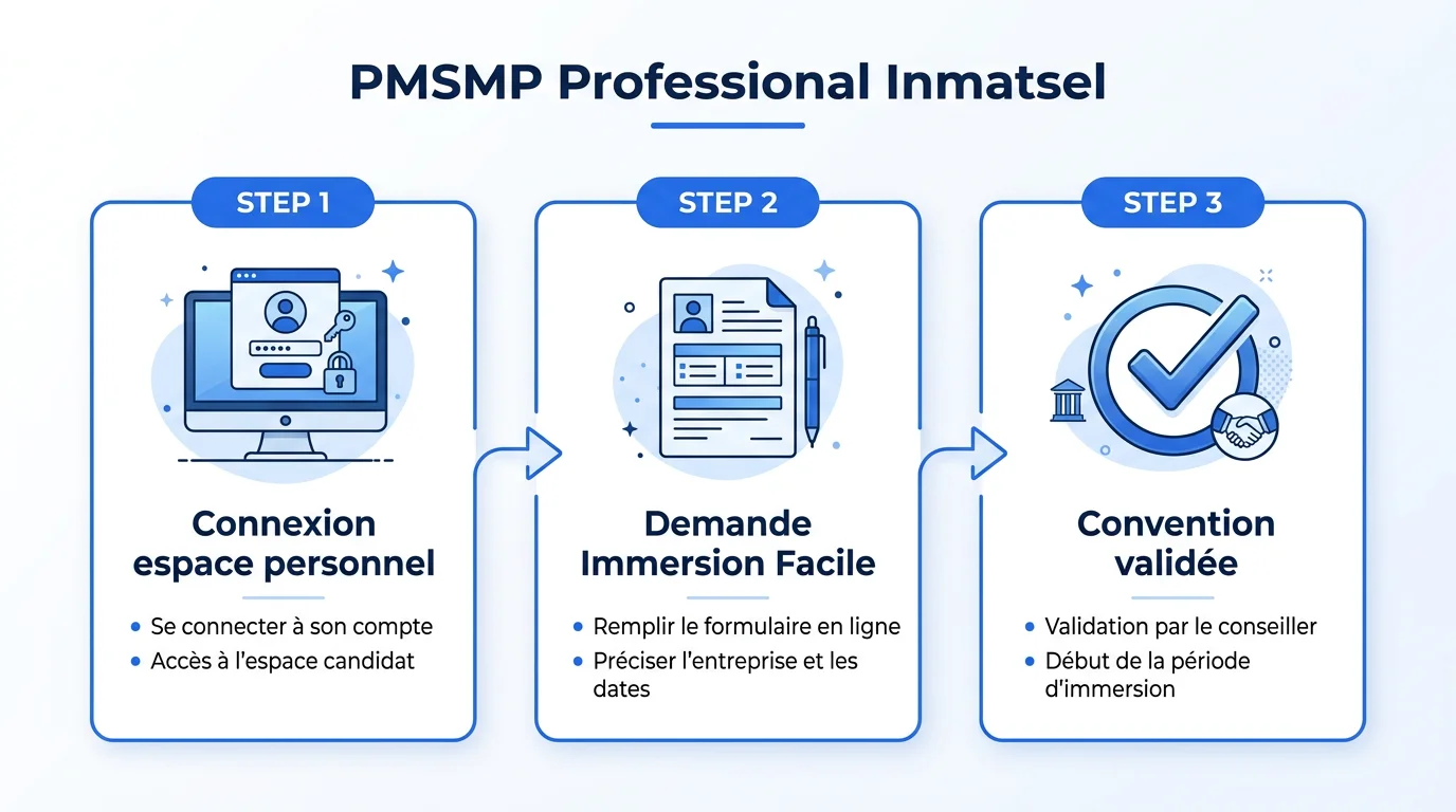 Schéma des étapes de la procédure PMSMP France Travail : inscription, validation, convention, immersion