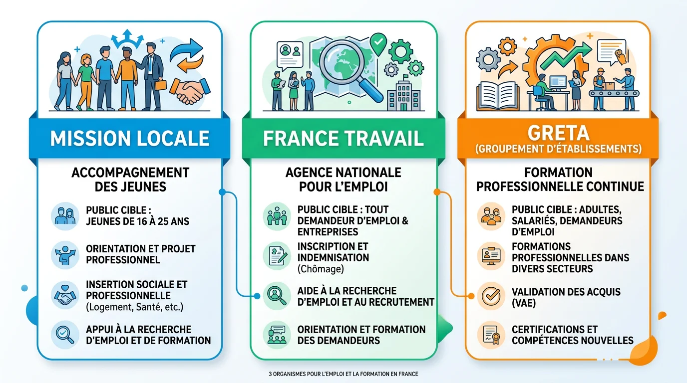 Infographie comparant trois solutions pour obtenir une convention de stage : Mission Locale, France Travail et GRETA