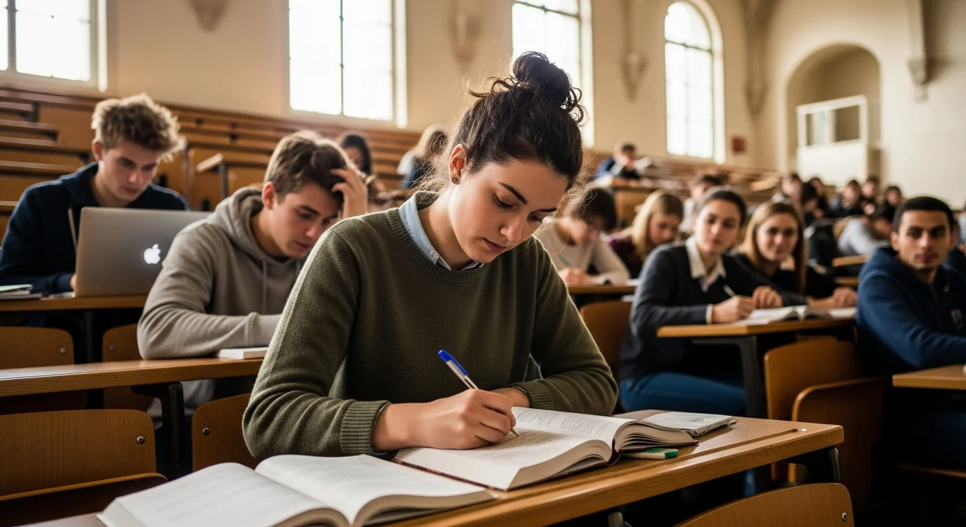 Étudiante en formation initiale prenant des notes dans un amphithéâtre universitaire, campus France