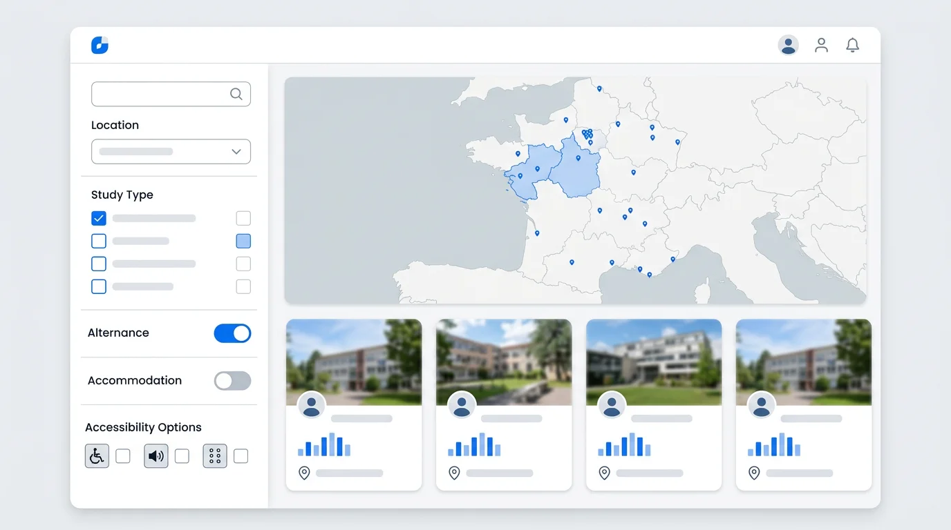Interface des filtres de recherche sur la carte des formations Parcoursup