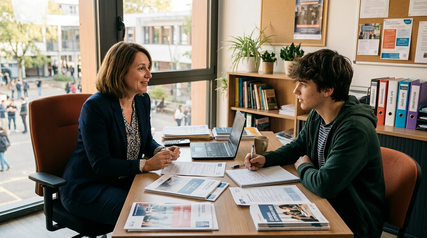Enseignante et élève discutant du projet d'orientation au lycée