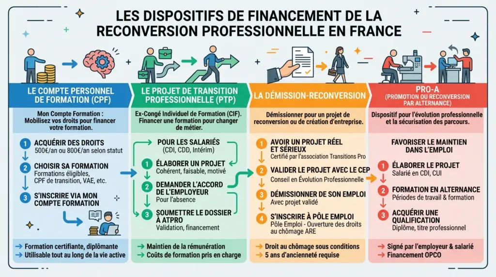 Infographie des dispositifs de financement de la reconversion professionnelle