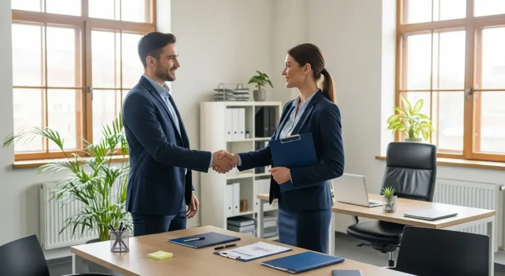 Homme serrant la main d'un recruteur après une reconversion réussie