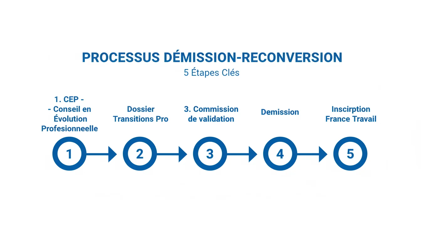 Timeline des démarches de démission-reconversion : CEP, dossier, commission, démission, France Travail