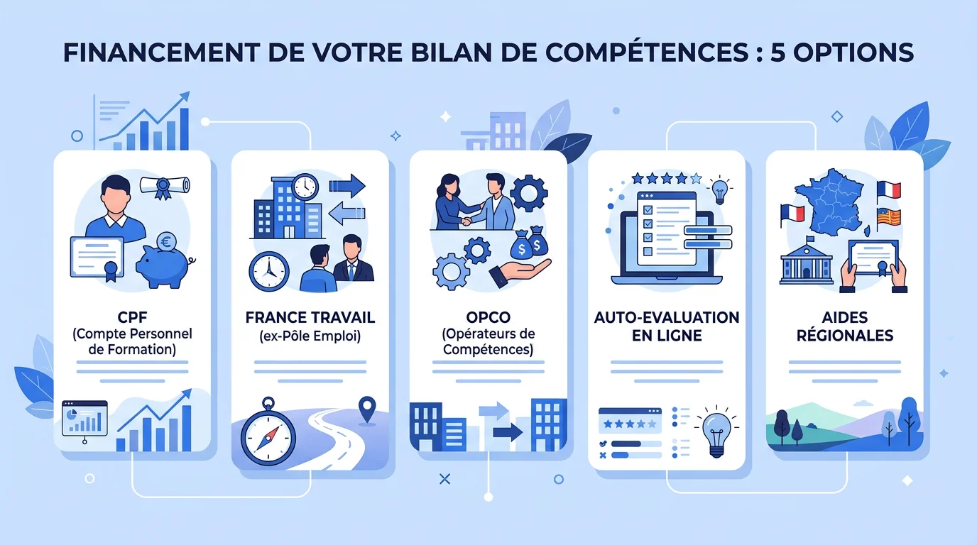 Infographie sur les sources de financement d'un bilan de compétences : CPF, AIF France Travail, OPCO employeur, CEP gratuit