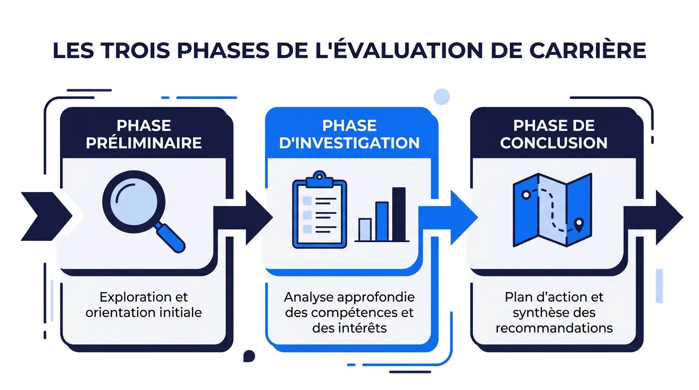 Infographie des trois phases d'un bilan de compétences certifié : phase préliminaire, phase d'investigation, phase de conclusion avec synthèse