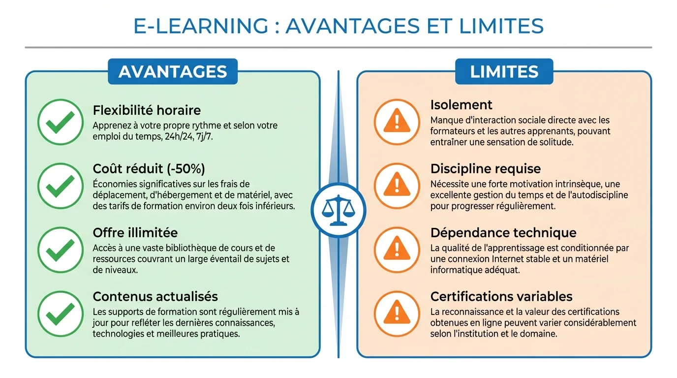 Infographie comparant les avantages et les limites du e-learning pour les apprenants