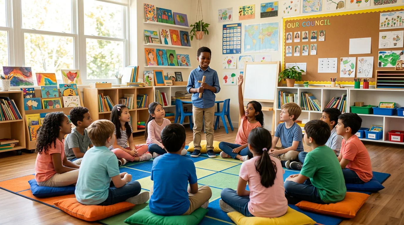 Élèves en cercle participant à un conseil coopératif dans une classe pratiquant la pédagogie Freinet