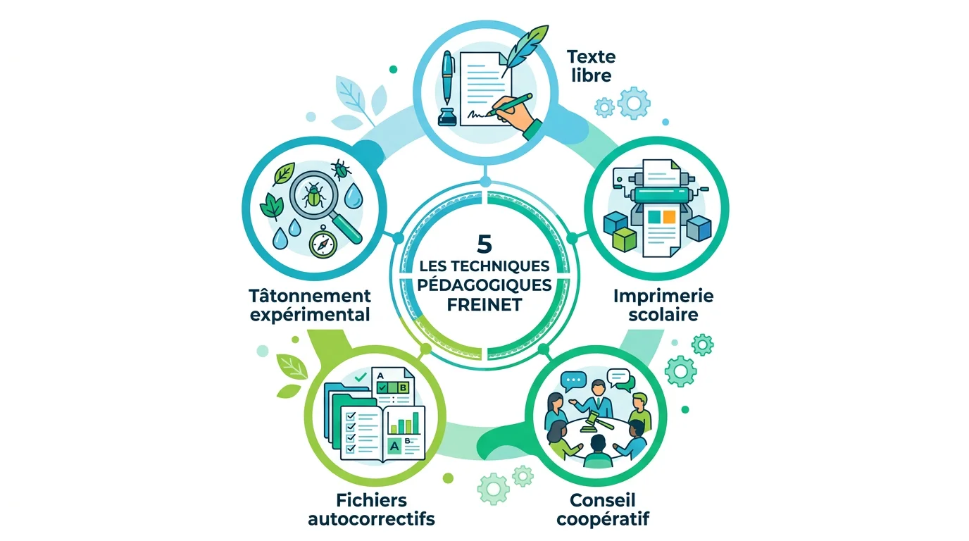 Infographie présentant les 5 techniques Freinet principales : texte libre, journal, plan de travail, correspondance scolaire et conseil coopératif