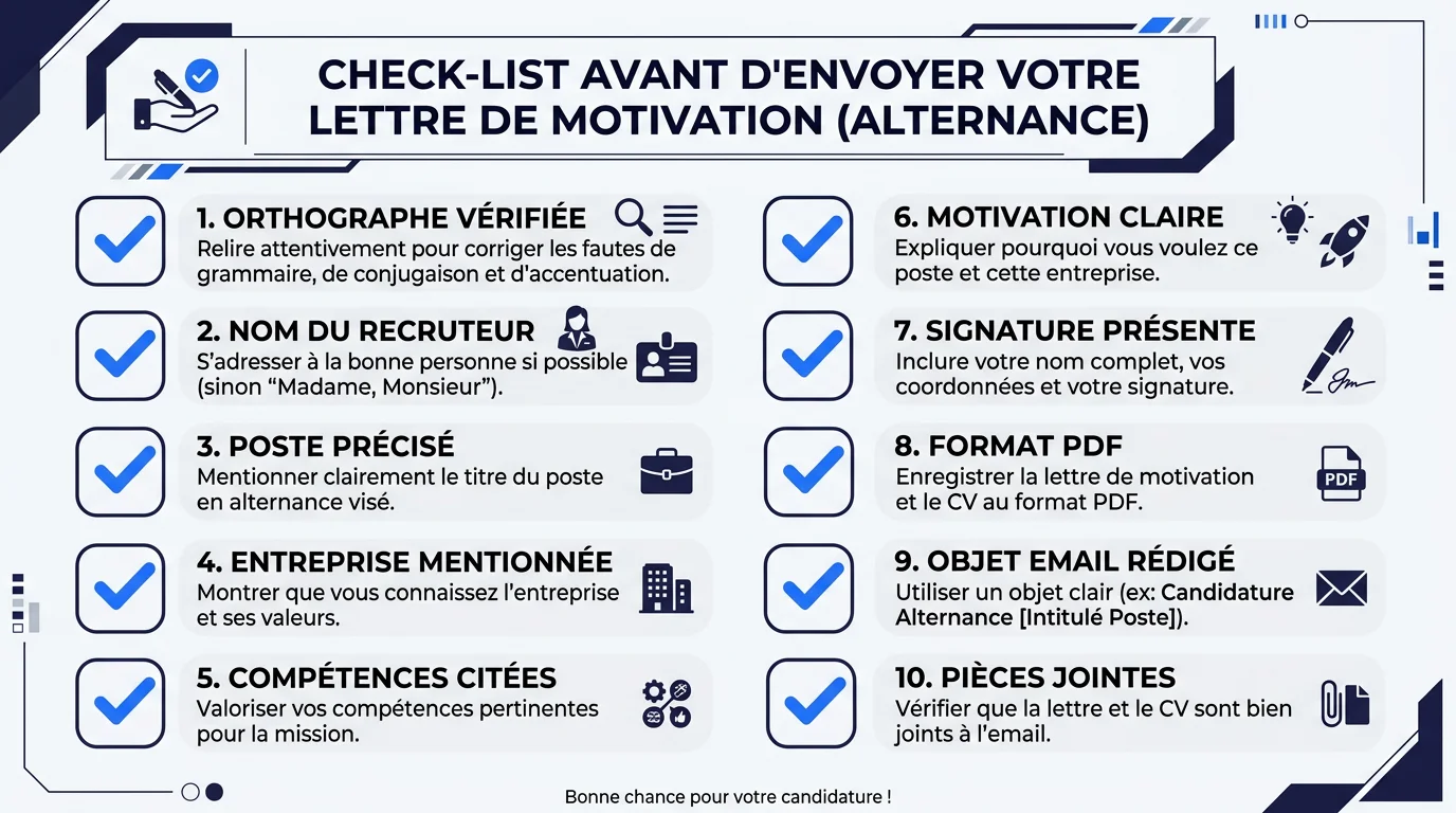 Checklist de vérification avant envoi d'une lettre de motivation alternance : 10 points essentiels