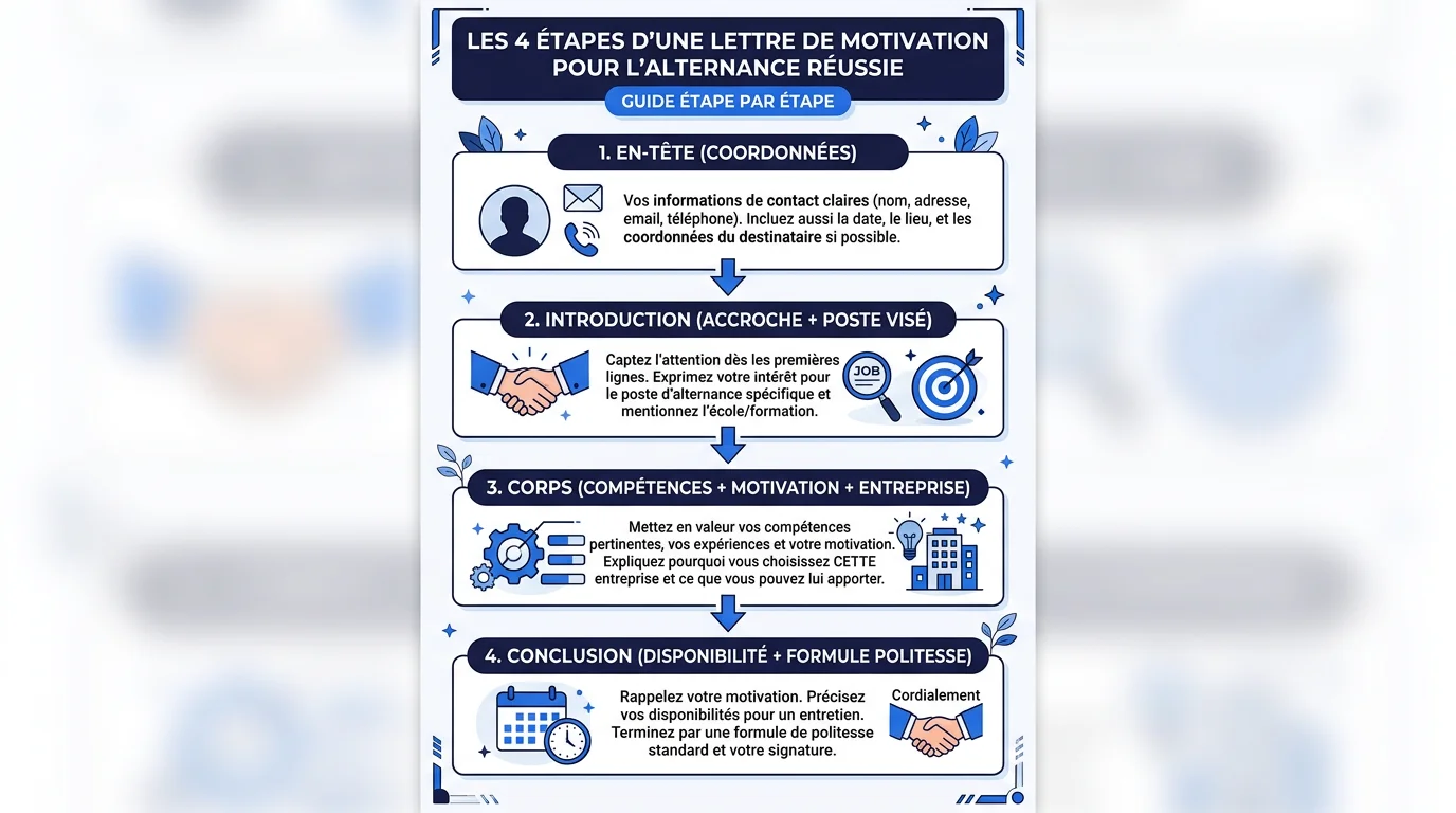 Infographie des 4 parties d'une lettre de motivation alternance parfaite