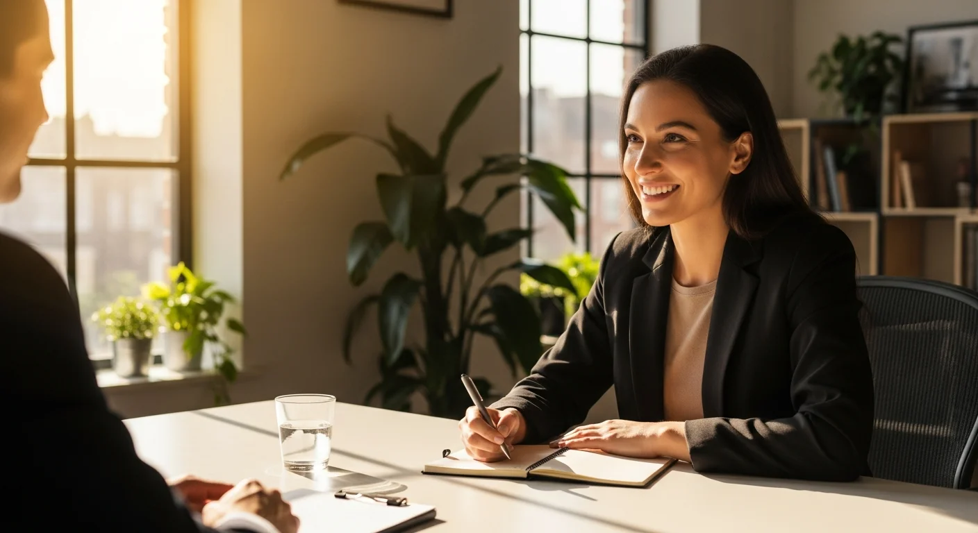 Candidat souriant qui prend des notes pendant un entretien d'embauche dans un bureau moderne