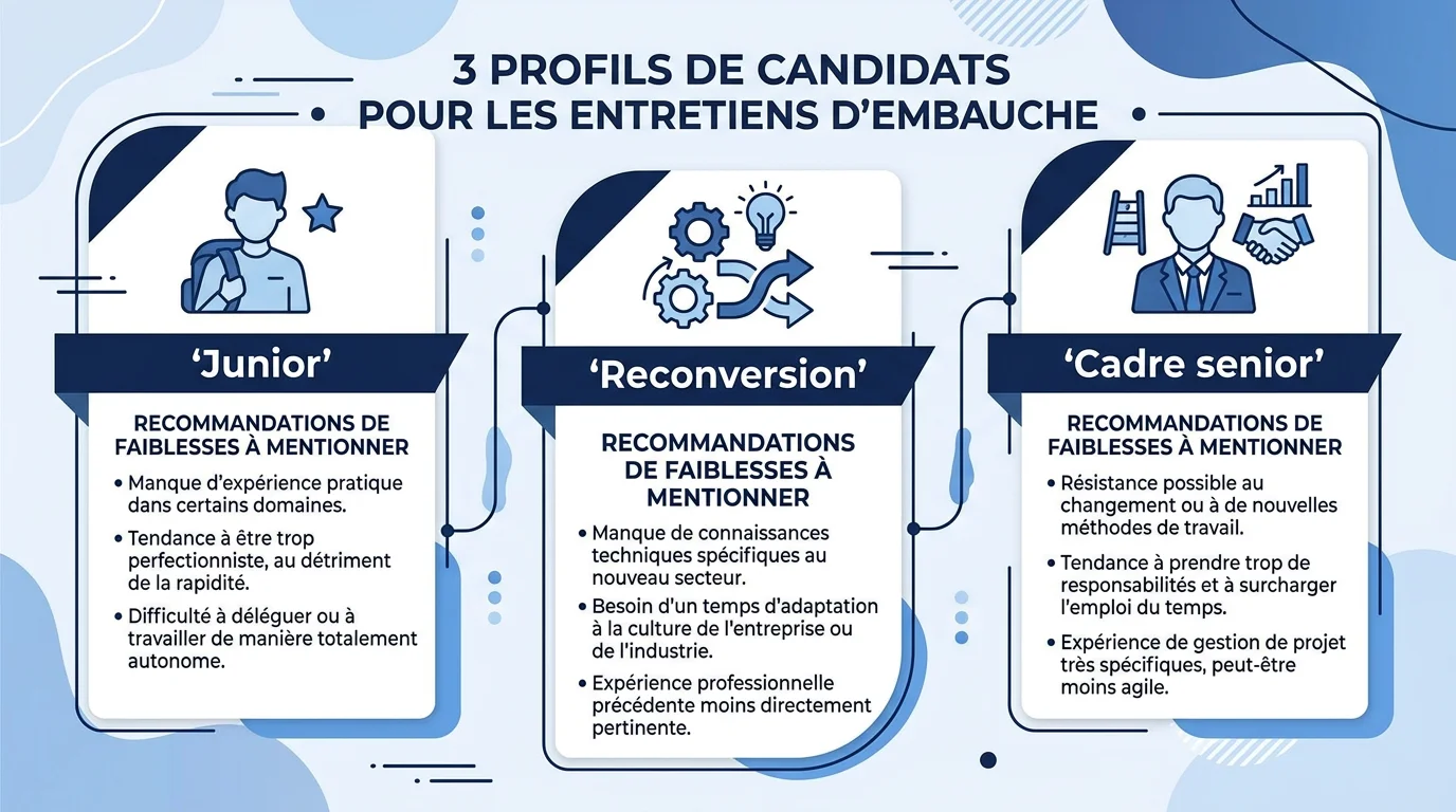 Infographie comparant les défauts à mentionner en entretien selon trois profils : junior, reconversion et cadre senior