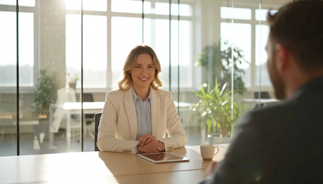 Candidat confiant souriant lors d'un entretien d'embauche dans un bureau professionnel lumineux