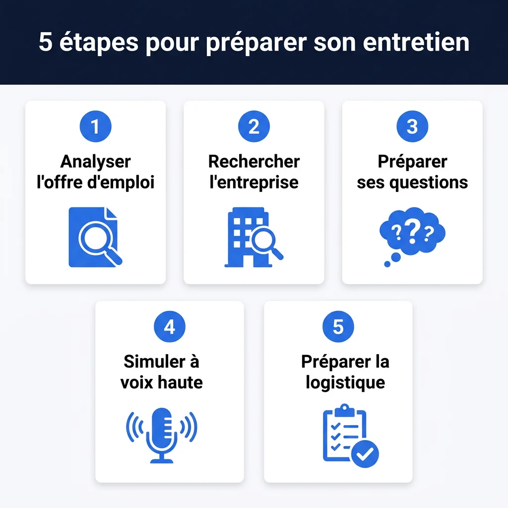 Infographie des 5 étapes pour préparer efficacement un entretien d'embauche
