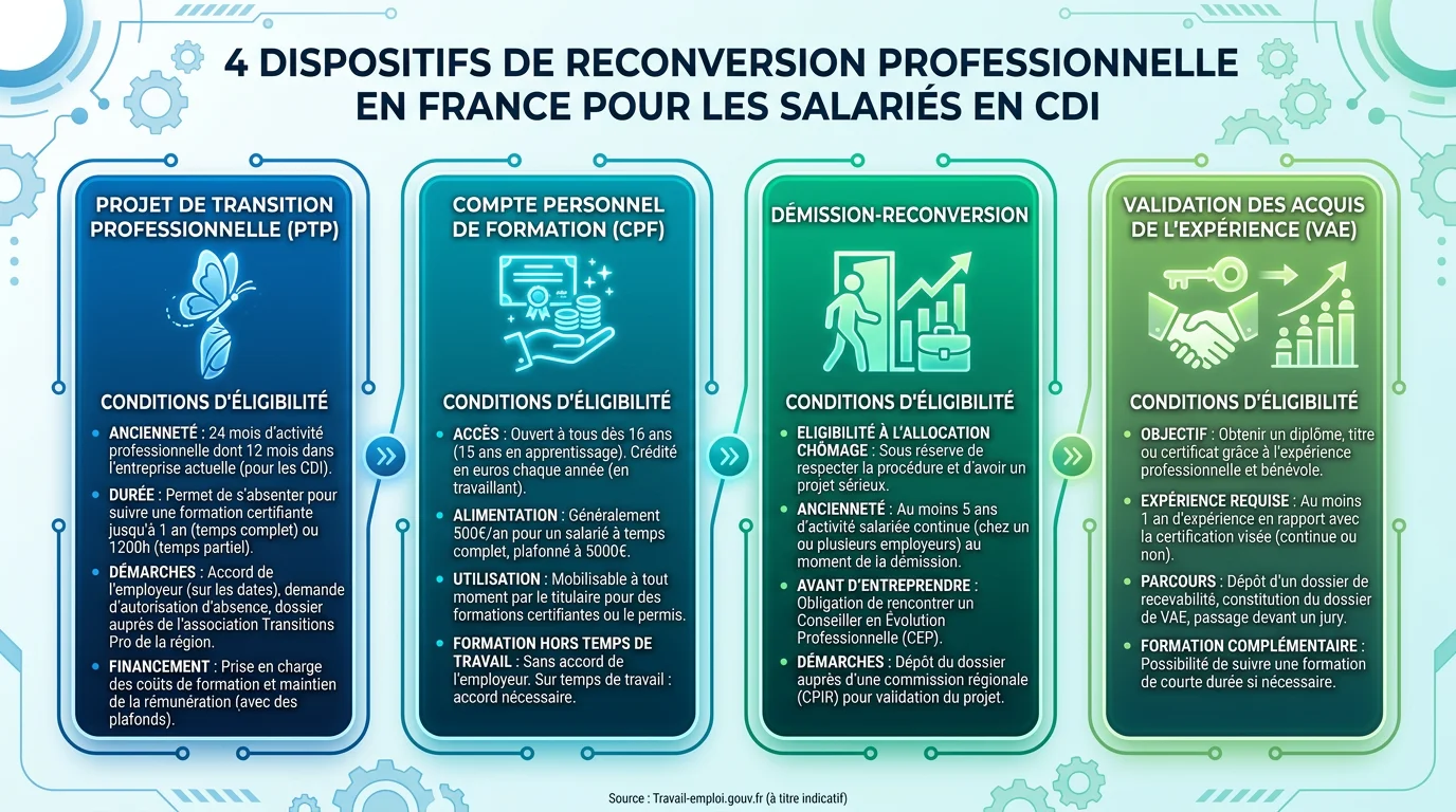 Infographie comparant les 4 dispositifs principaux de reconversion professionnelle en CDI : PTP, CPF, VAE et démission-reconversion