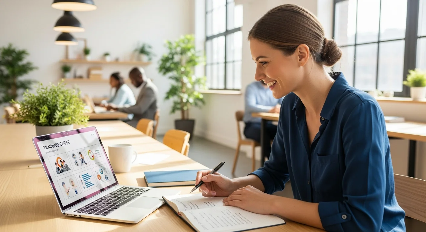 Femme en formation dans un espace de coworking, illustrant la reconversion professionnelle en CDI par la formation continue