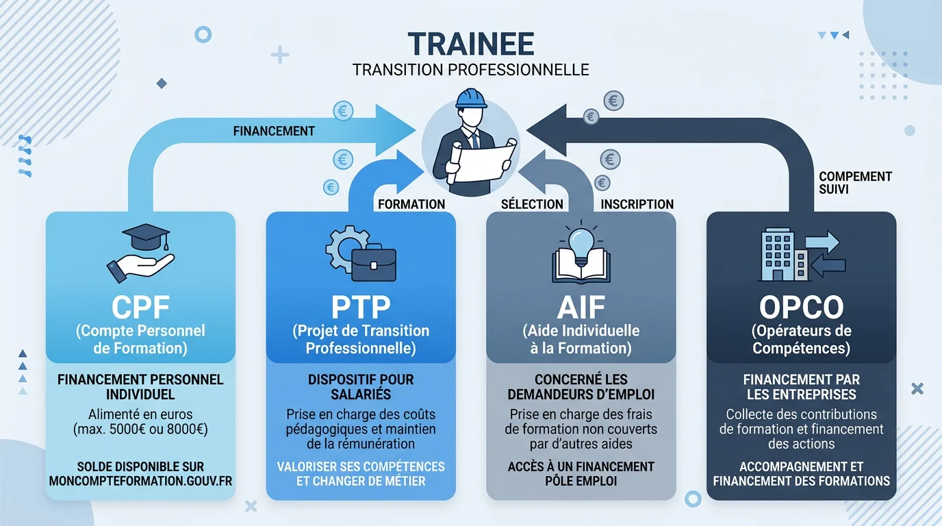 Infographie des dispositifs de financement reconversion professionnelle : CPF, PTP, AIF, OPCO