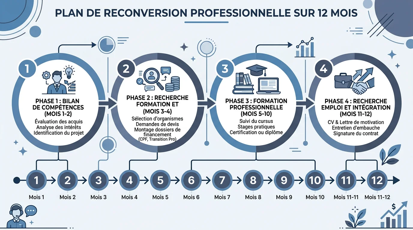 Infographie planning reconversion professionnelle sur 12 mois en 4 phases