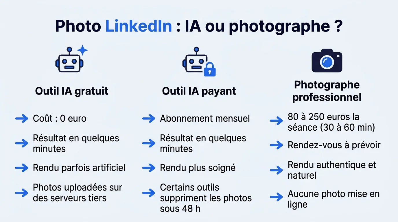 Infographie comparant les options pour une photo de profil LinkedIn : outil IA gratuit, outil IA payant et photographe professionnel, avec couts et delais