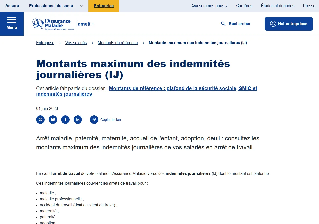 Page officielle ameli.fr des montants maximum des indemnités journalières