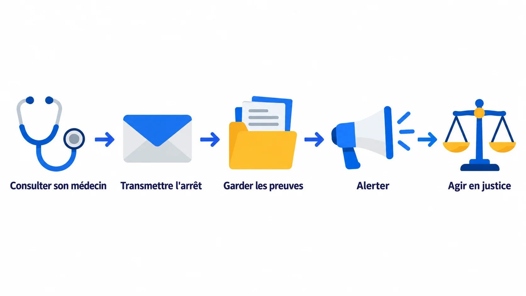 Frise des cinq étapes en cas d'arrêt maladie pour harcèlement moral : consulter son médecin, transmettre l'arrêt, garder les preuves, alerter, agir en justice