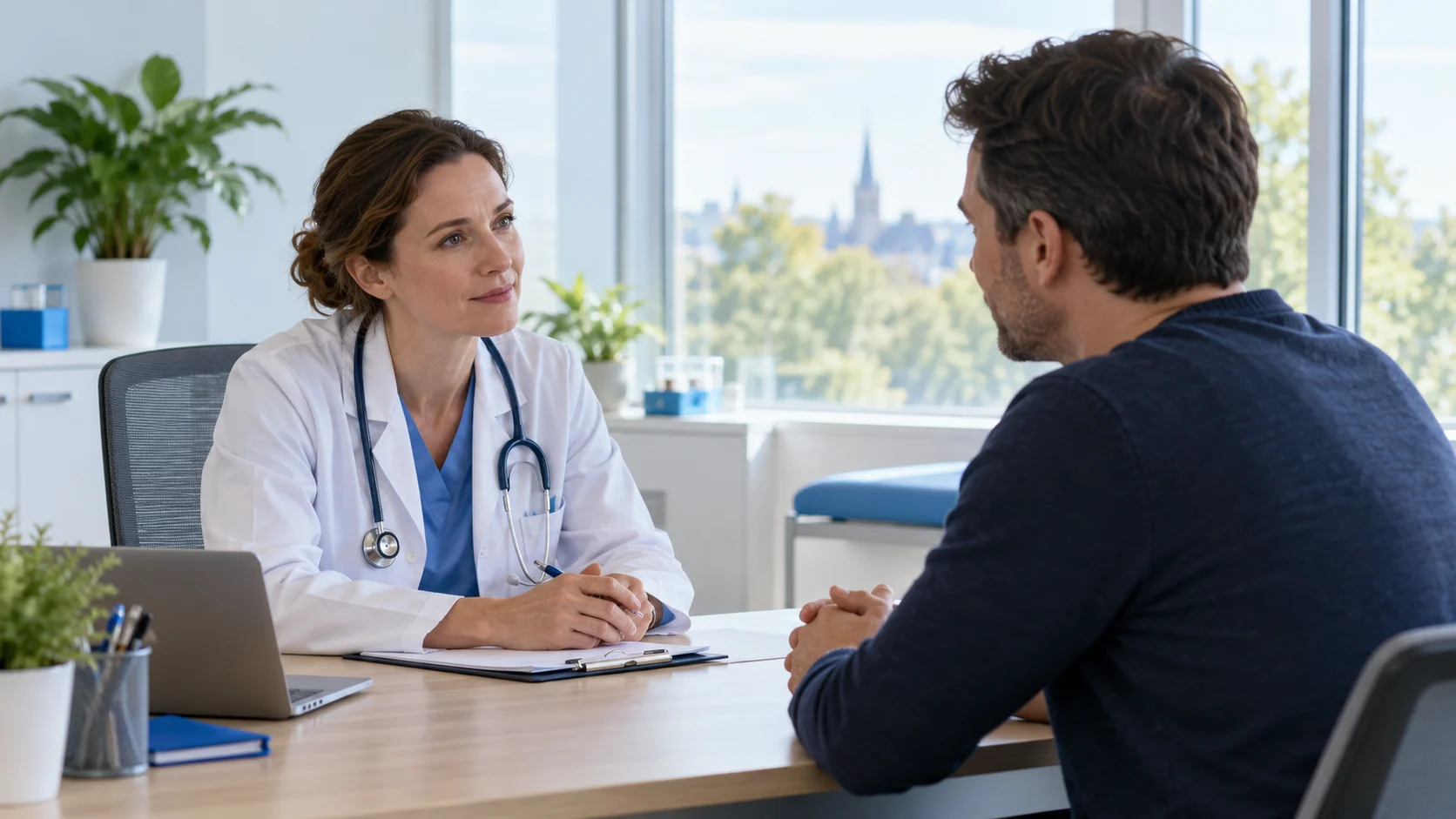 Entretien calme entre une médecin du travail et un salarié dans un cabinet de santé au travail lumineux