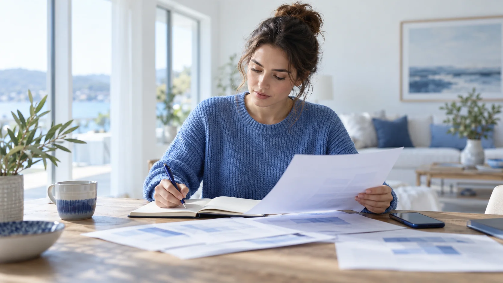 Personne triant des documents imprimés et prenant des notes dans un carnet pour rassembler ses preuves