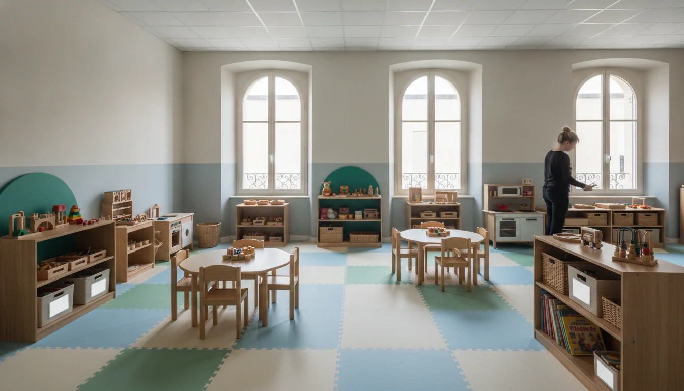 Salle d'activités d'une crèche aménagée avec mobilier adapté, jeux éducatifs et professionnelle de la petite enfance
