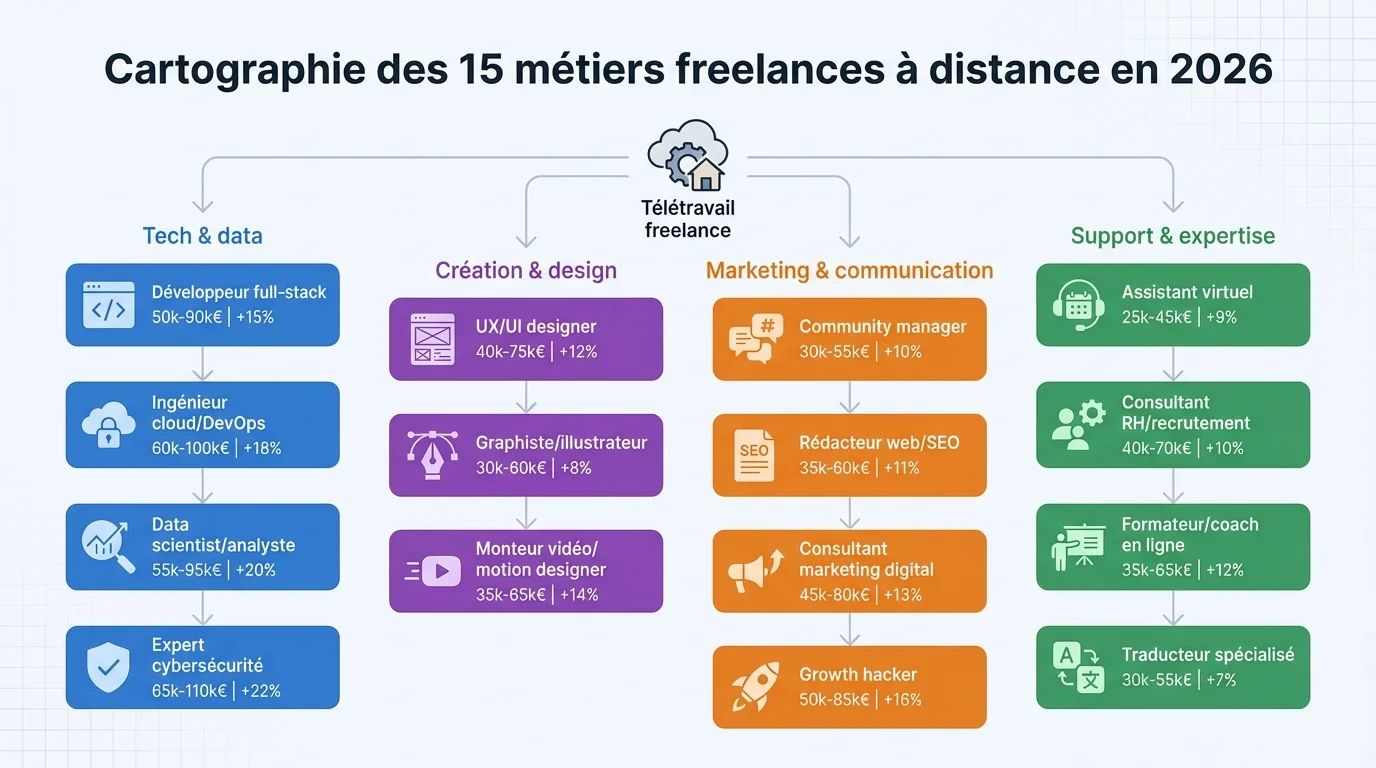 Cartographie des 15 métiers freelances à distance en 2026