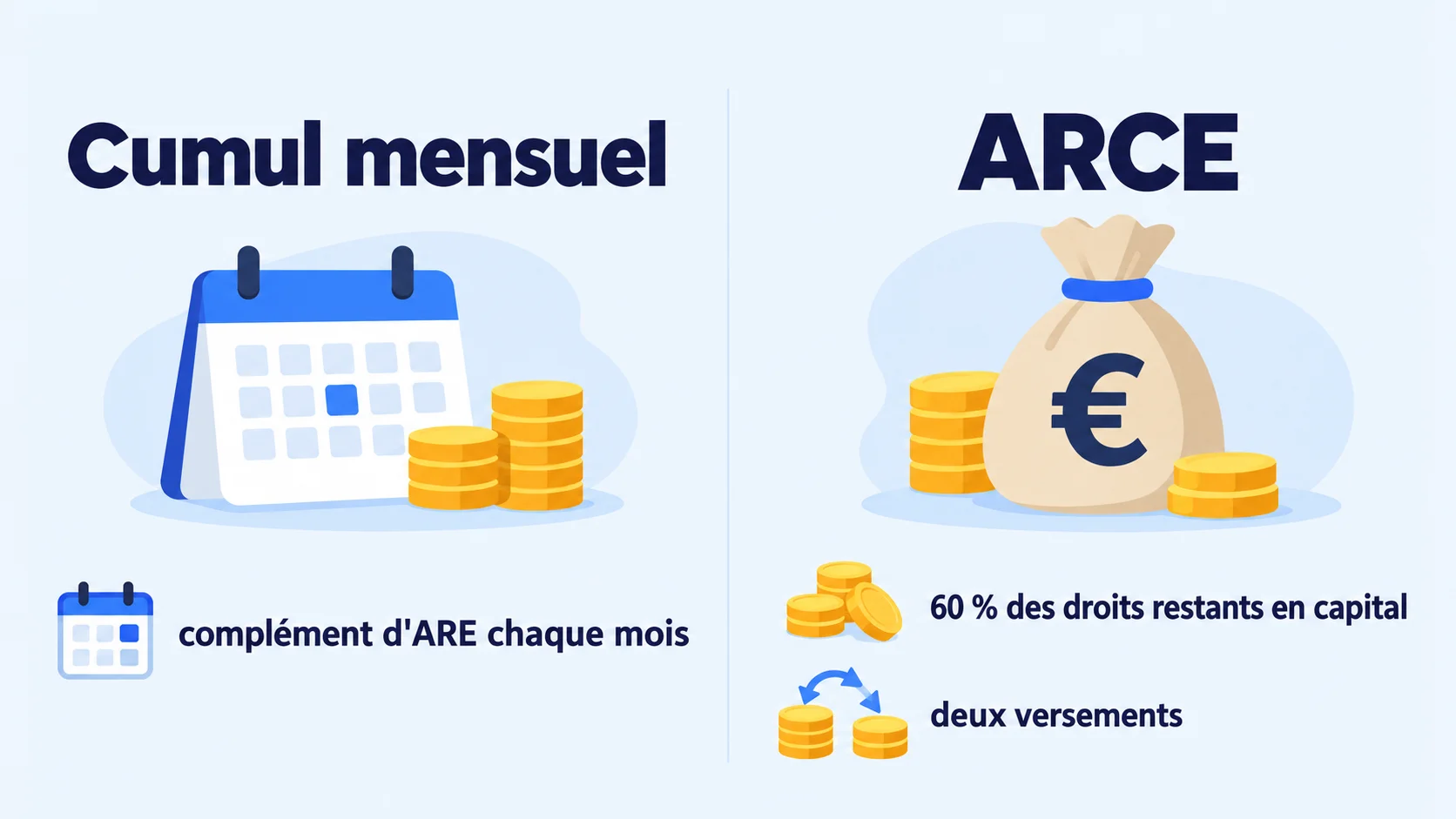 Comparaison entre le cumul mensuel (complément d'ARE chaque mois) et l'ARCE (60 % des droits restants en capital, deux versements)