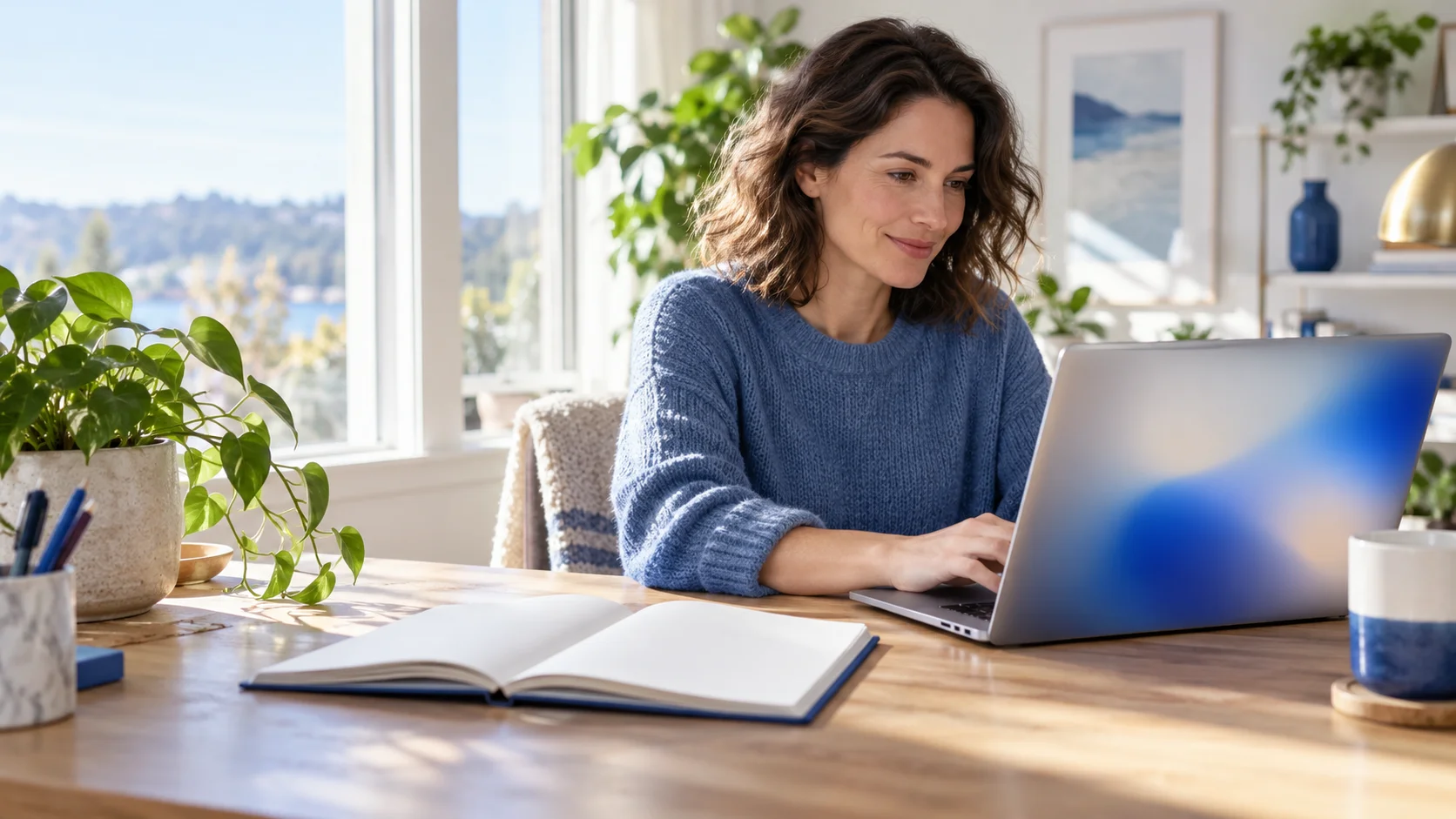 Personne travaillant à domicile sur un ordinateur portable avec un carnet de comptes ouvert à côté