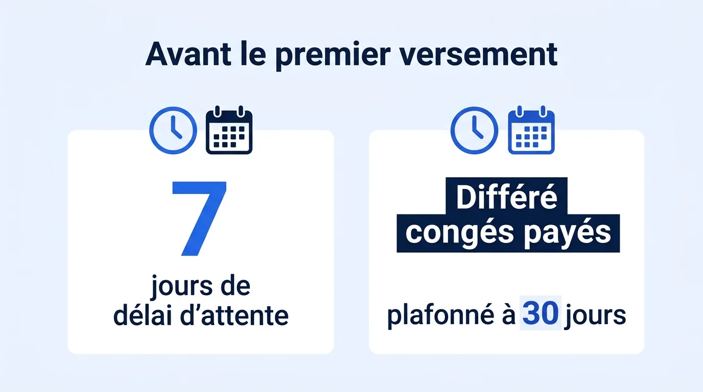 Délais avant le premier versement de l'ARE : 7 jours de délai d'attente et différé congés payés plafonné à 30 jours