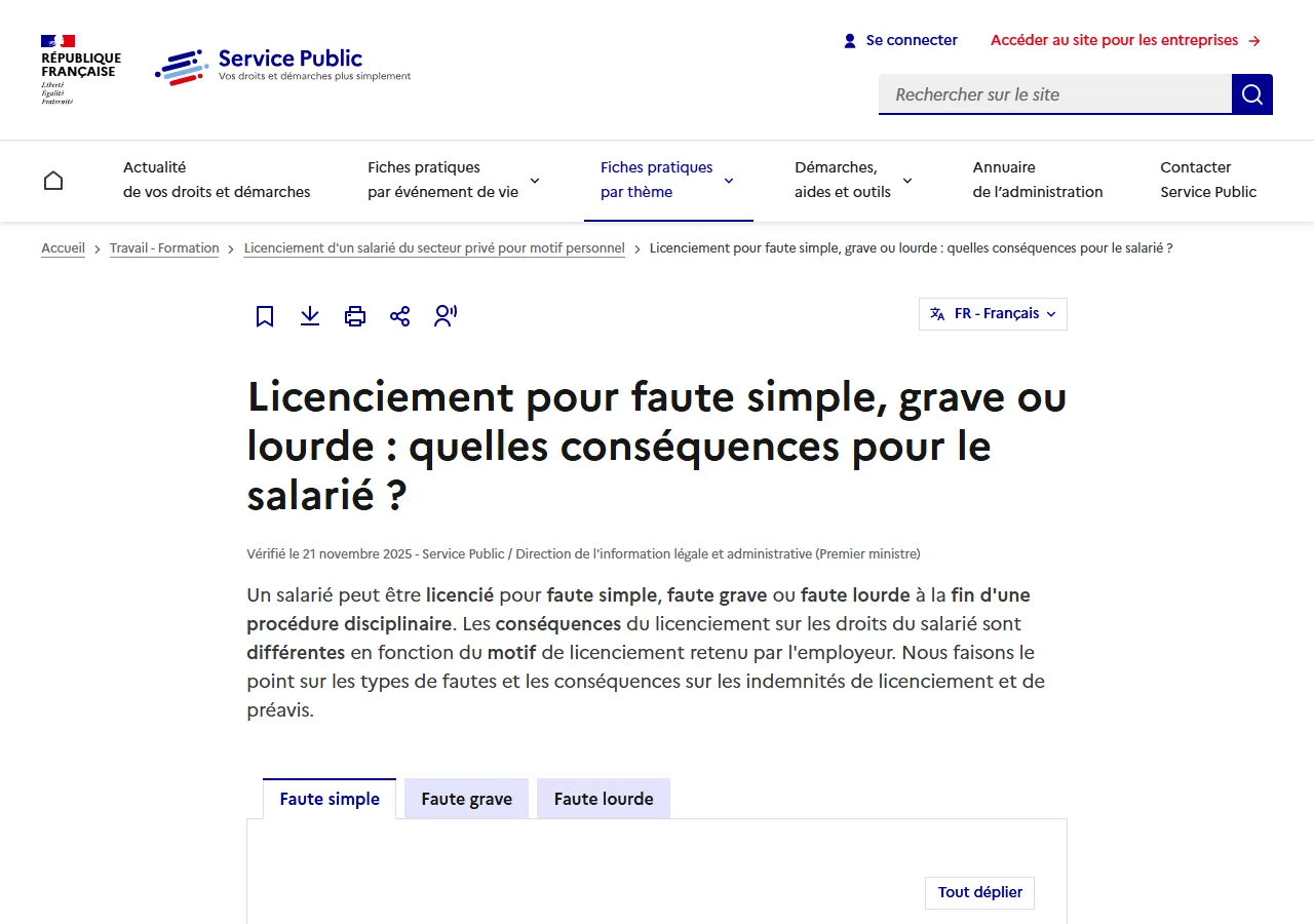 Fiche officielle Service-Public sur les conséquences du licenciement pour faute simple, grave ou lourde