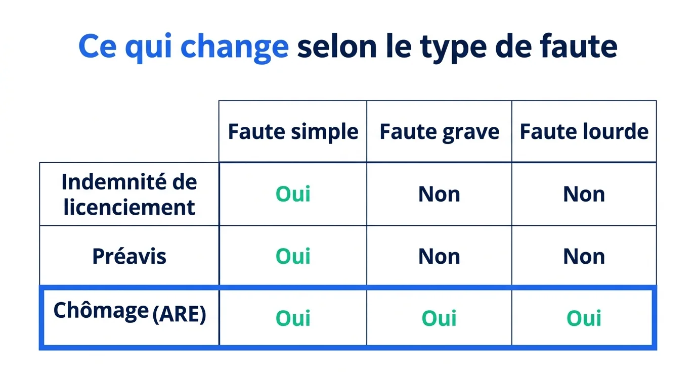 Tableau comparatif des conséquences d'une faute simple, grave ou lourde : indemnités, préavis et droit au chômage
