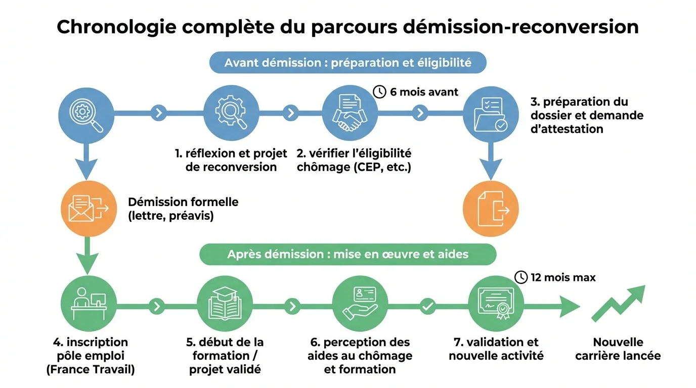 Chronologie complète du parcours démission-reconversion