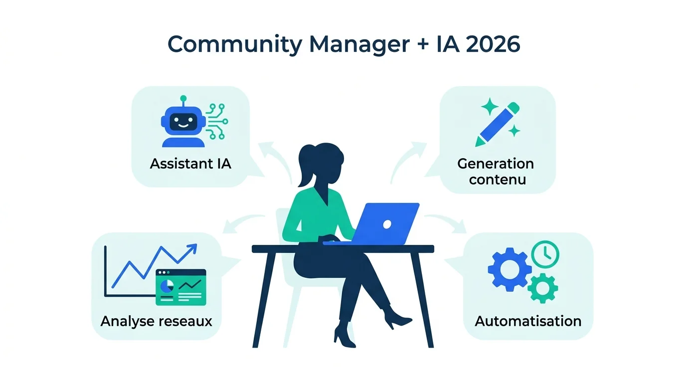 Community manager freelance entoure de quatre outils IA en 2026 : assistant IA, generation de contenu, analyse des reseaux sociaux, automatisation