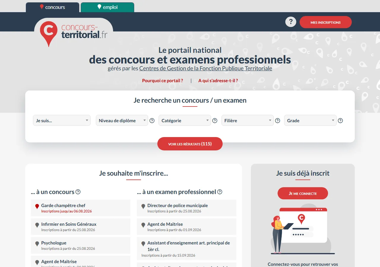 Portail national concours-territorial.fr pour s'inscrire aux concours des centres de gestion