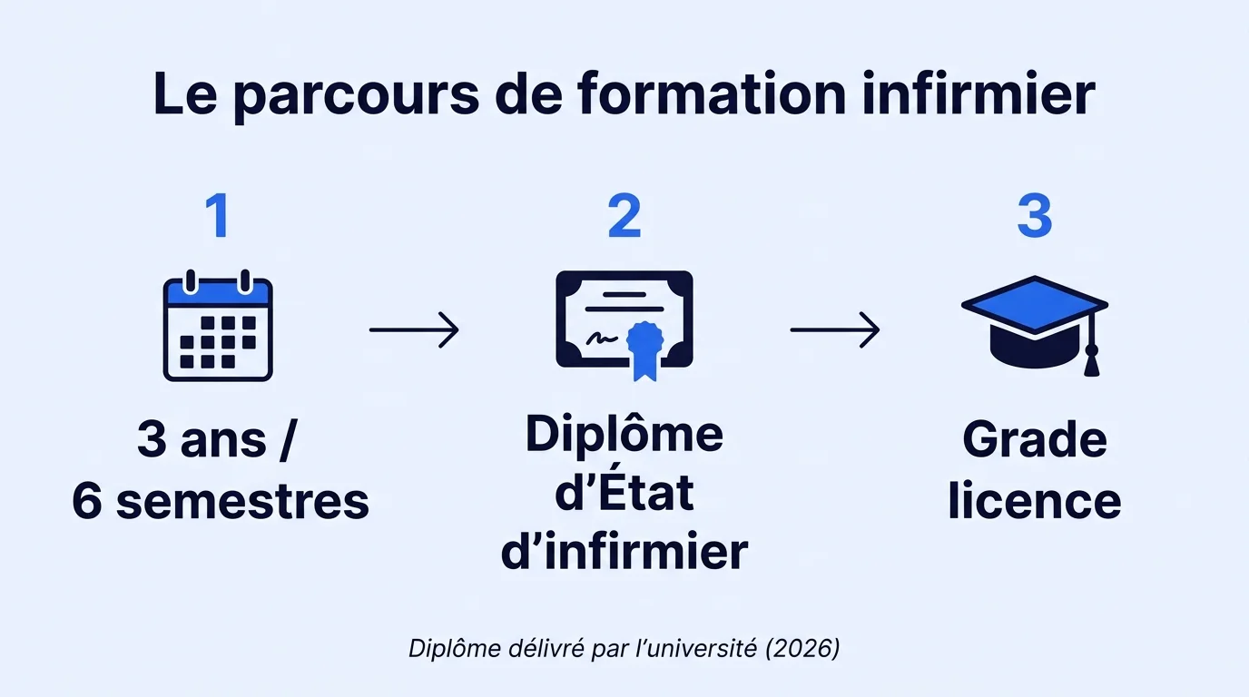 Le parcours de formation infirmier : 3 ans, 6 semestres, Diplome d'Etat reconnu au grade licence