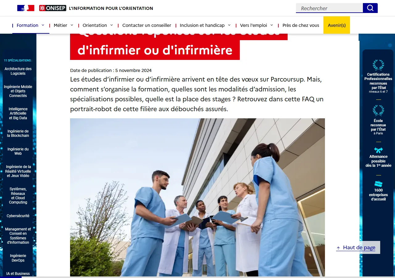Page Parcoursup sur les formations en sante et l'admission en IFSI