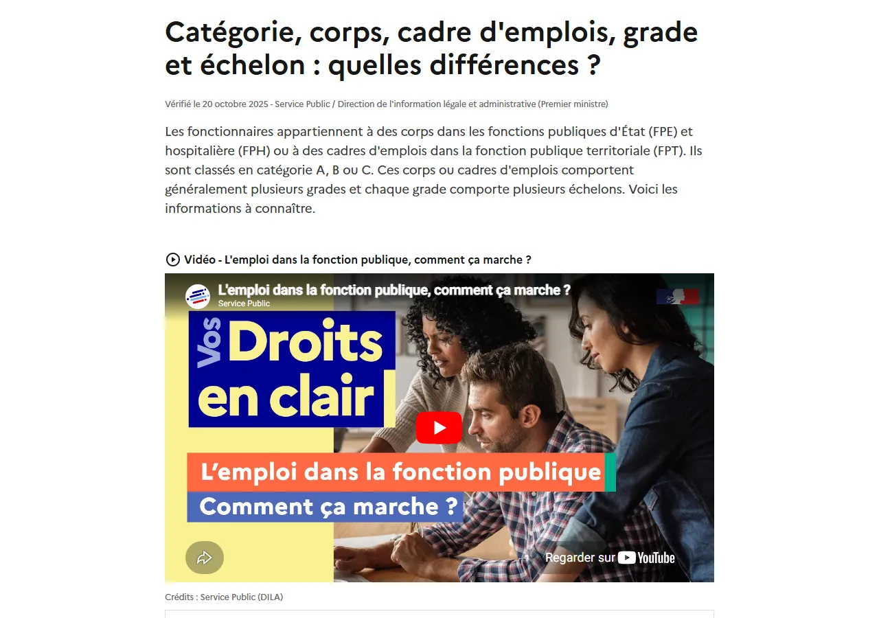 Page officielle service-public.gouv.fr sur le cadre d'emplois de la fonction publique territoriale