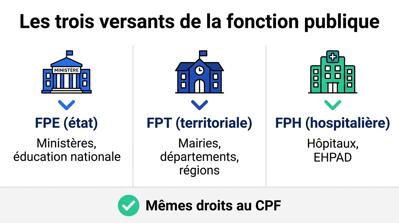 Les trois versants de la fonction publique et leurs droits communs au CPF : FPE, FPT, FPH