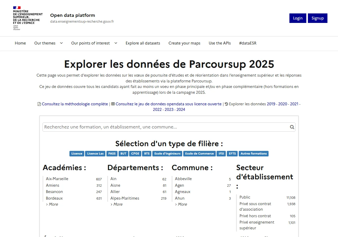 Explorateur officiel des données Parcoursup du ministère de l'Enseignement supérieur