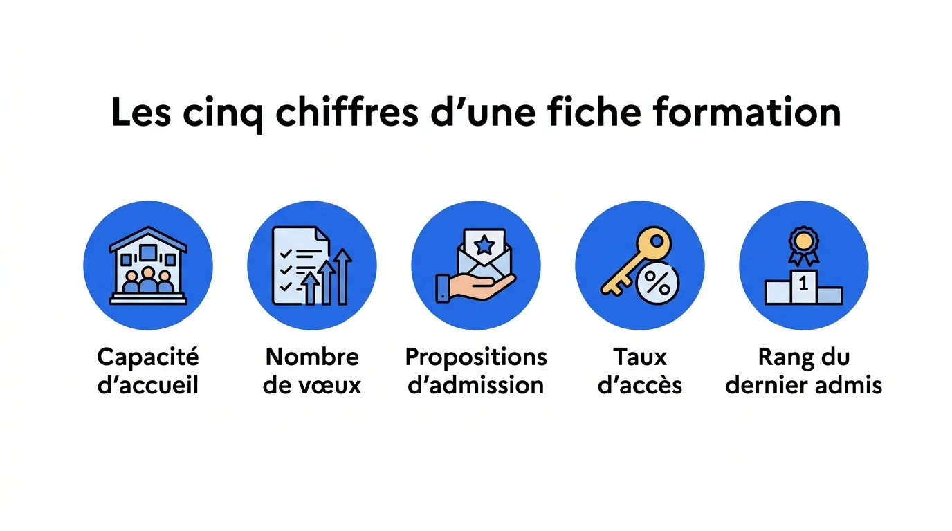 Les cinq chiffres d'une fiche formation Parcoursup : capacité, vœux, propositions, taux d'accès, rang