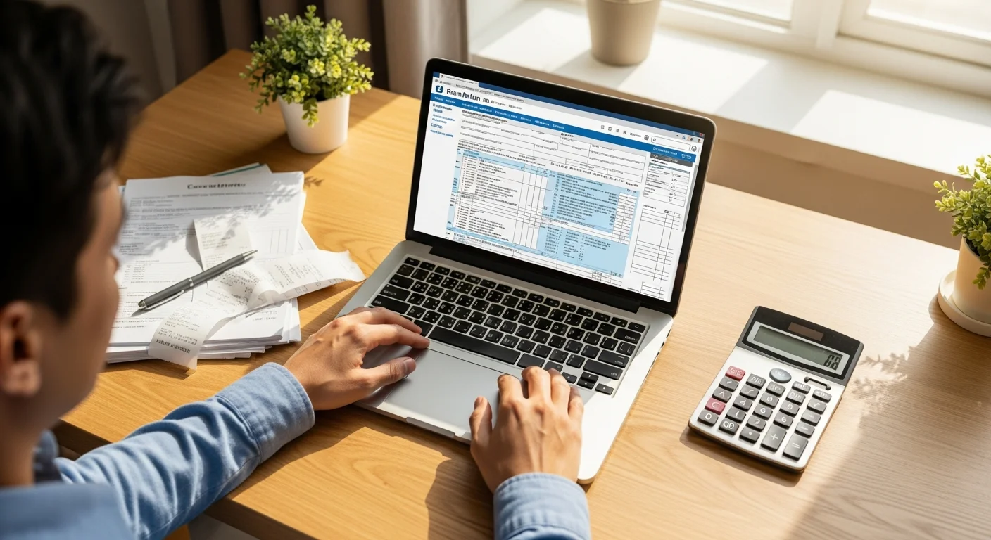 Personne consultant sa déclaration de revenus en ligne avec documents fiscaux sur le bureau