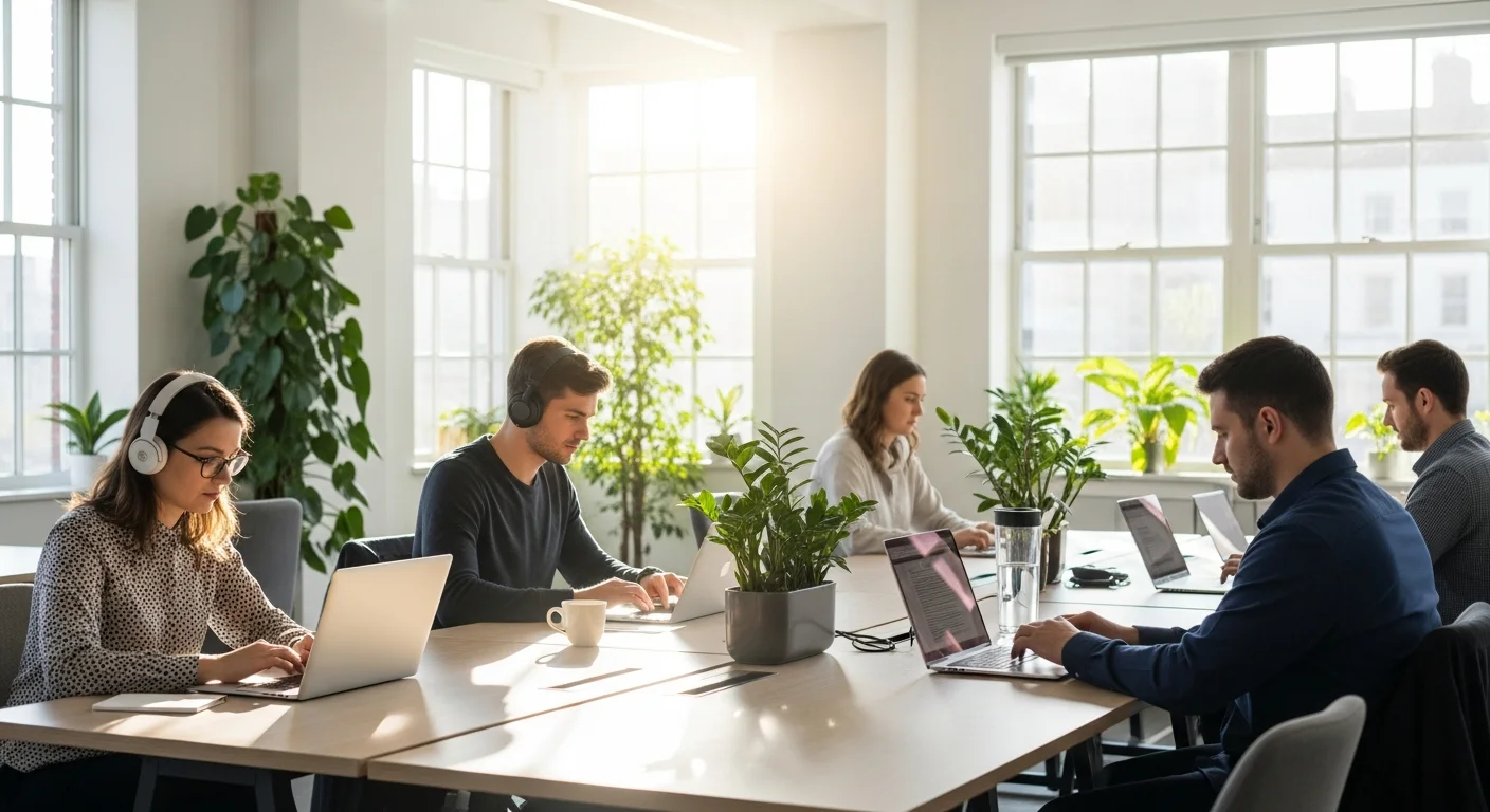 Espace de coworking lumineux avec plusieurs freelances au travail