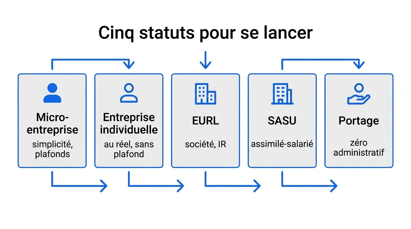 Les cinq statuts juridiques pour devenir freelance : micro-entreprise, entreprise individuelle, EURL, SASU, portage salarial
