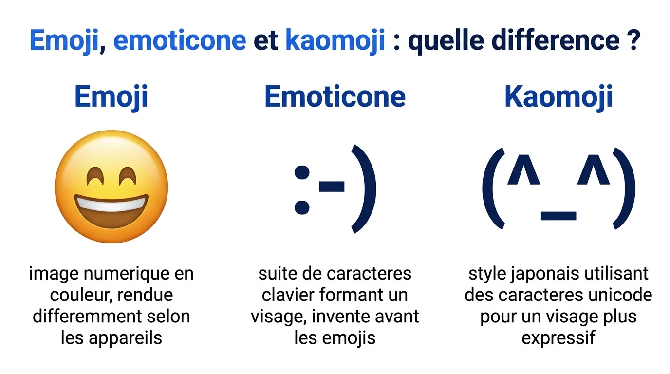 Différence entre emoji, émoticône et kaomoji expliquée en infographie