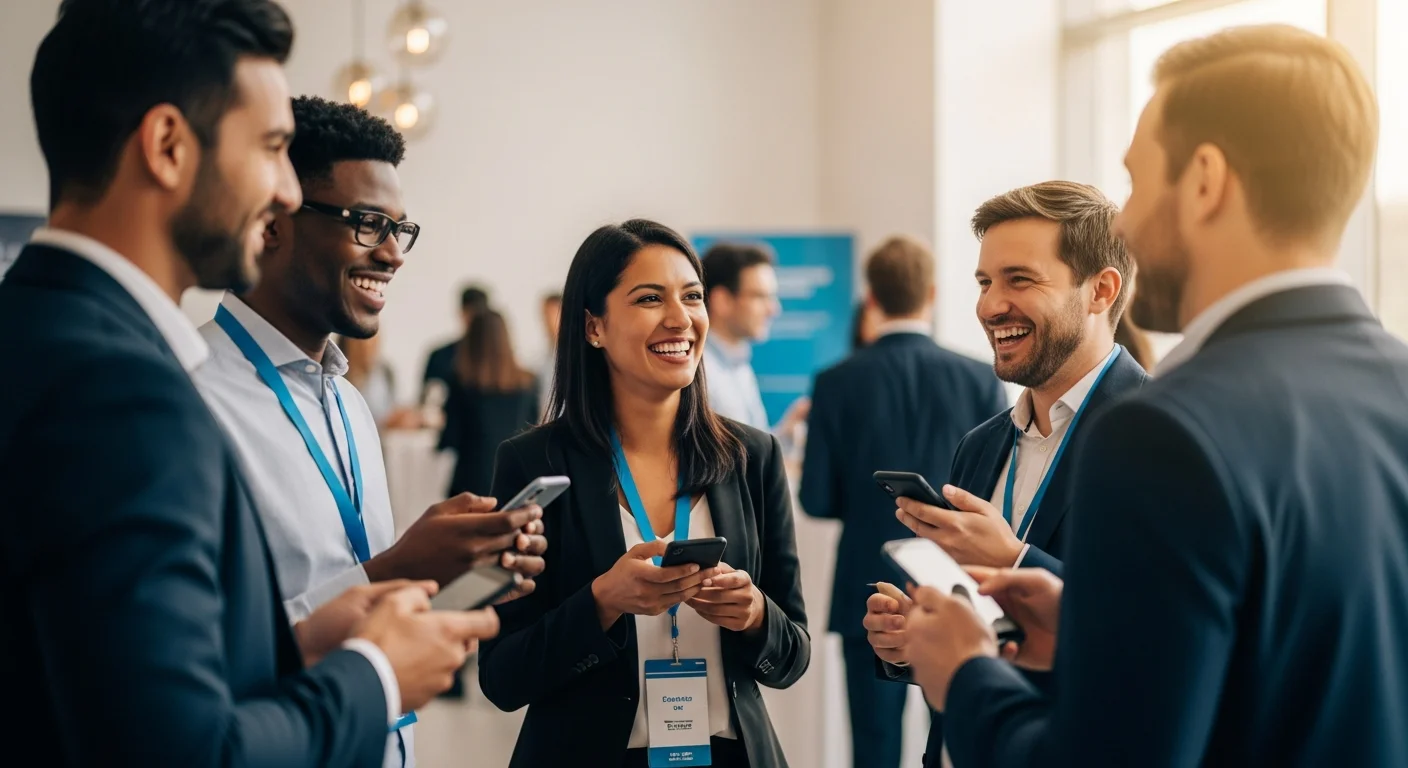 Groupe de professionnels souriants échangeant lors d'un événement de networking